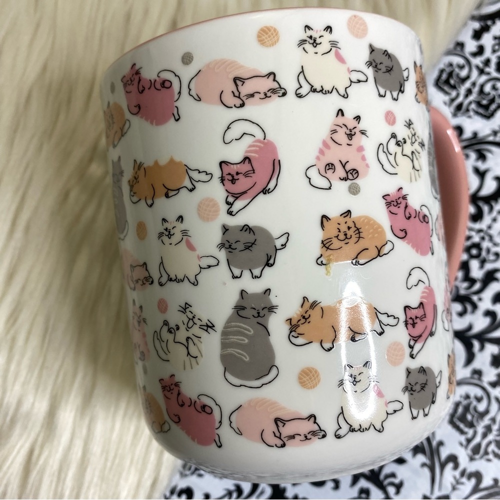 10 strawberry street : pink white and orange cat kitty print coffee tea mug cup - Picture 3 of 8